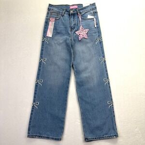NEW Coquette Wide Leg Girls Sz 12 Jeans Balletcore Light Wash Embroidered Bows